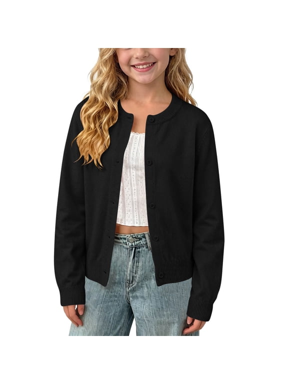 Girls Cardigan Button Front Crew Neck Solid Color Soft Knit Casual Sweater for Kids Black Size 8