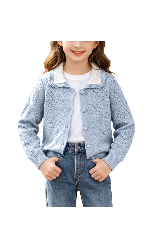 Girls Cardigan Button Front Peter Pan Collar Hollow Out Knit Sweater for Kids Blue Size 2T