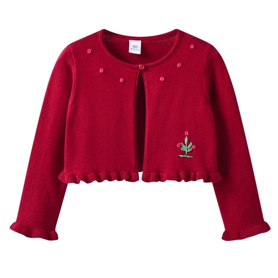 SGFCWSX Girls Cardigan Cropped Shrug Flower One Button Ruffle Trim Sweater for Kids Wine Size 12