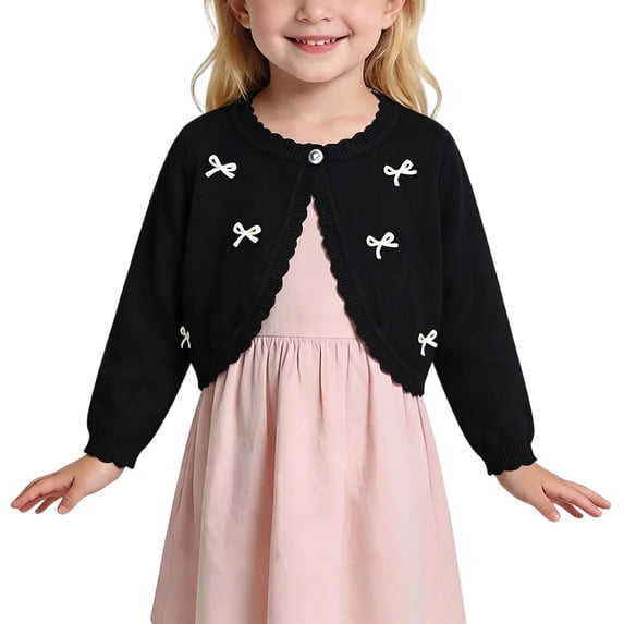 SGFCWSX Girls Cardigan Cropped Shrug One Button Bow Ruffle Trim Dressy Wedding Sweater for Kids Black Size 1-2T