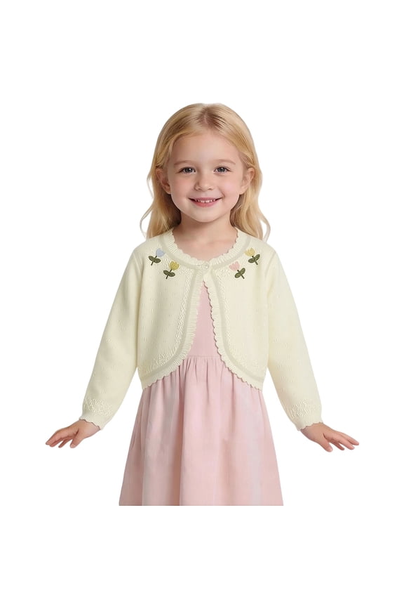 Girls Cardigan Cropped Shrug One Button Flower Hollow Out Knit Ruffle Trim Sweater for Kids Yellow Size 4T
