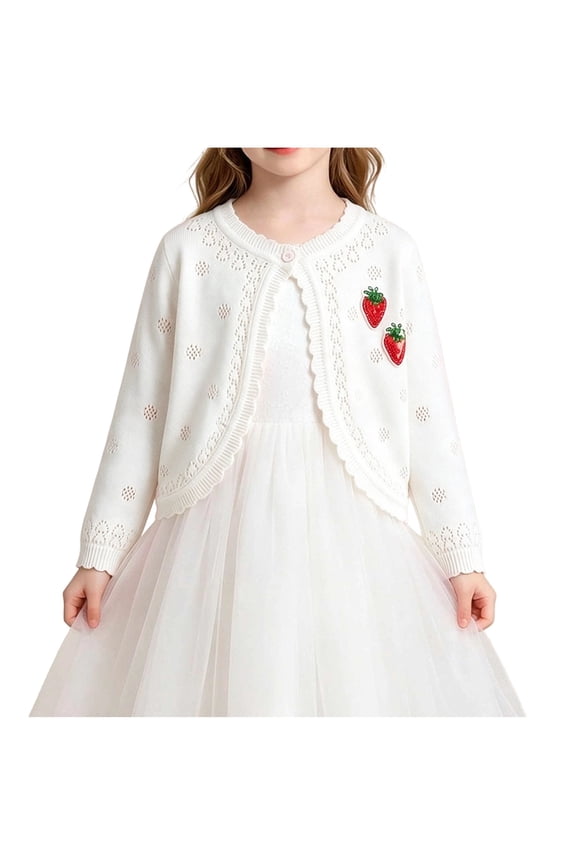 Girls Cardigan Cropped Shrug One Button Strawberry Embroidery Ruffle Trim Sweater for Kids White Size 7