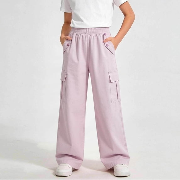 SGFCWSX Girls Cargo Pants Elastic Waist Wide Leg Multi Pockets Loose Fit Casual Trousers for Teens Purple Size 15-16 Years