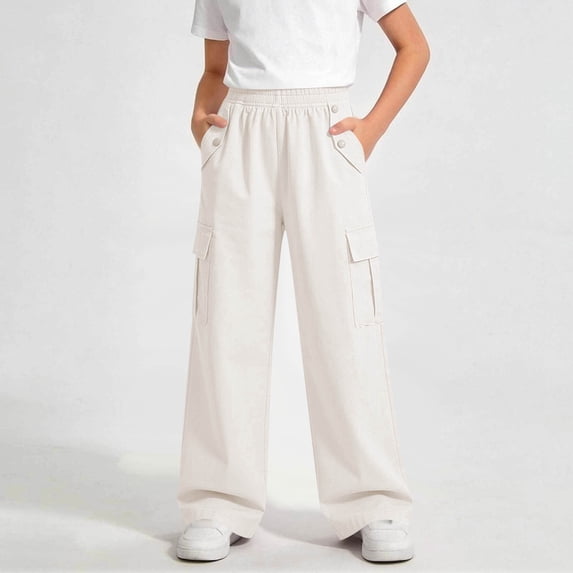 SGFCWSX Girls Cargo Pants Elastic Waist Wide Leg Multi Pockets Loose Fit Casual Trousers for Teens White Size 13-14 Years