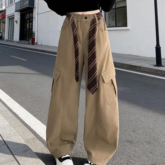 SGFCWSX Girls Cargo Pants Teens Wide Leg Baggy Casual Streetwear Trousers with Tie and Pockets Khaki Size 12-13 Years