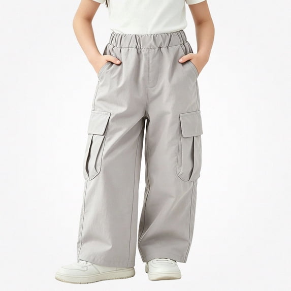 SGFCWSX Girls Cargo Pants, Wide Leg Loose Fit Streetwear Trousers with Pockets for School Activewear Gray Size 9