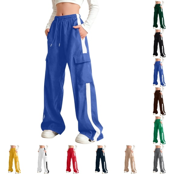 SGFCWSX Girls Cargo Wide-Leg Pants, Kids Uniform Pants Casual Elastic Waist School Trousers with Side Stripe and Pockets Blue Size 14-15 Years
