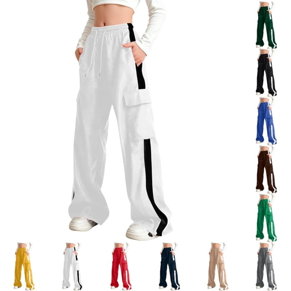 SGFCWSX Girls Cargo Wide-Leg Pants, Kids Uniform Pants Casual School Elastic Waist Trousers with Side Stripe and Pockets White Size 15-16 Years