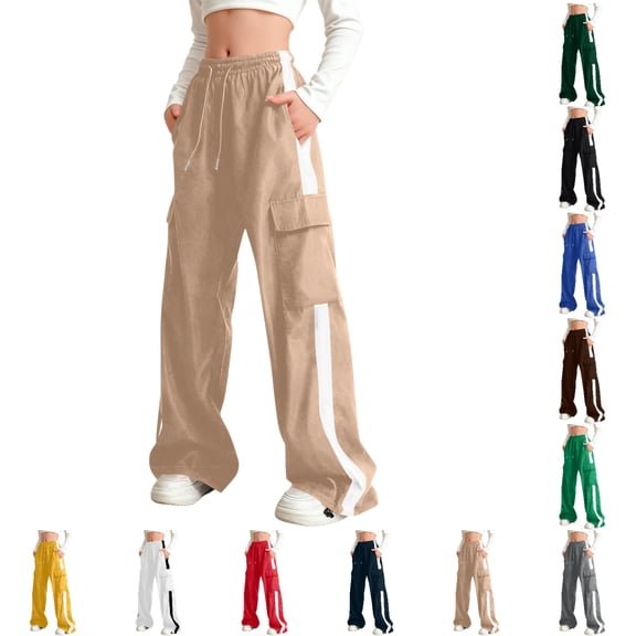 SGFCWSX Girls Cargo Wide-Leg Pants, Kids Uniform Pants Elastic Waist School Casual Trousers with Side Stripe and Pockets Khaki Size 14-15 Years