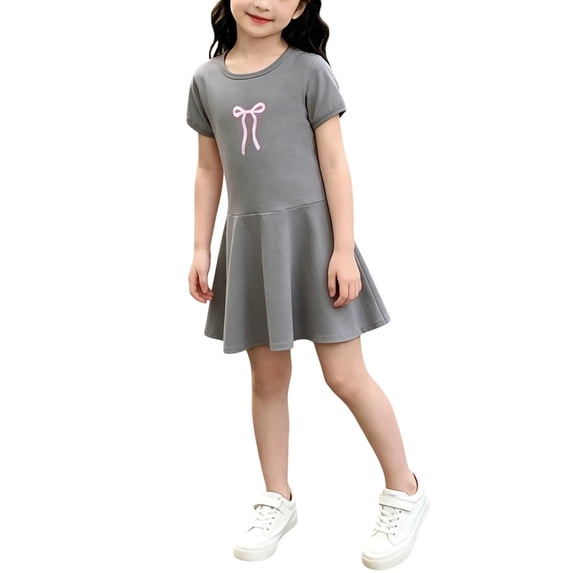 SGFCWSX Girls Casual Dress Short Sleeve Bow Print Solid Color A-Line Summer Daily Dresses for Kids Gray Size 3T