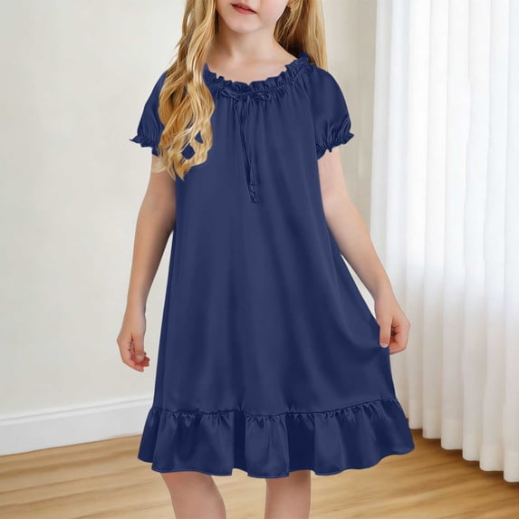 SGFCWSX Girls Casual Dress Short Sleeve Satin Bow Ruffle Hem Loose Fit Summer Dress Navy Size 6-7 Years