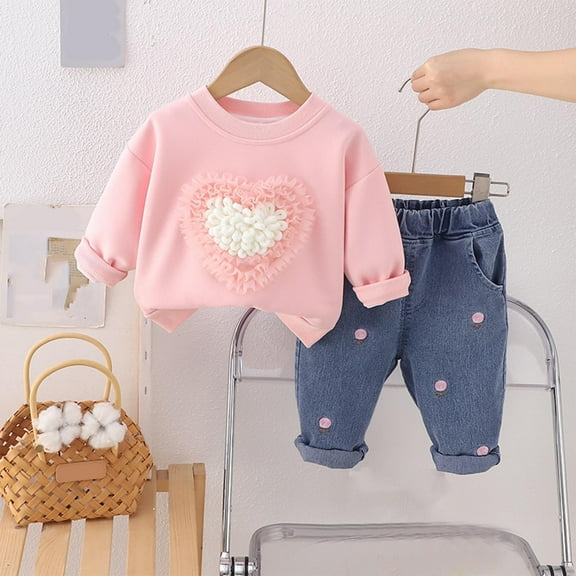 SGFCWSX Girls Casual Outfits Toddler 2 Piece Set Heart Sweatshirt and Jeans Sets Pink Size 3 Years