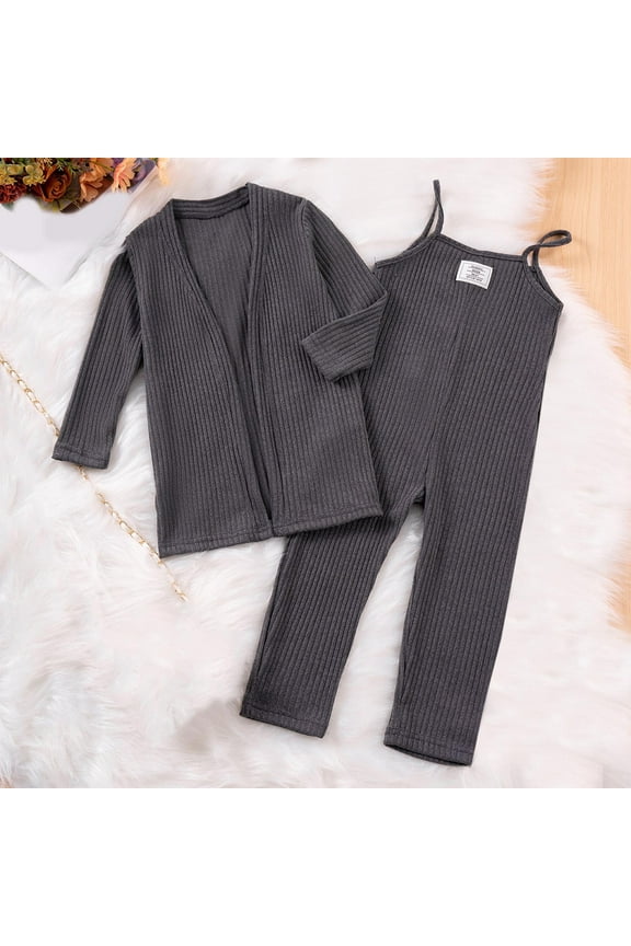 Girls Casual Outfits Toddler 2 Piece Set Ribbed Knit Cardigan and Matching Pants Sets Dark Gray Size 1 Years