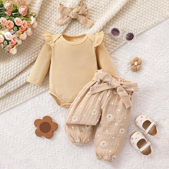 SGFCWSX Girls Casual Outfits Toddler 3 Piece Set Ruffle Sleeve Onesie with Headband and Pants Sets Khaki Size 3 Months