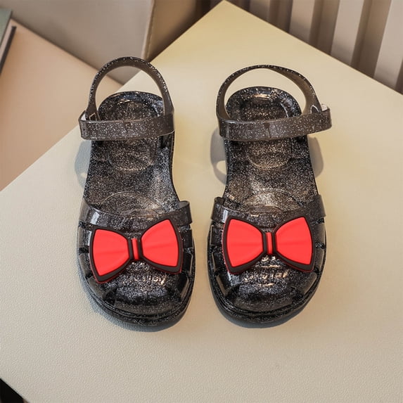 SGFCWSX Girls Casual Sandals Kids Jelly Glitter Bow Closed Toe Adjustable Strap Summer Shoes Black Size 5.5-6 Years