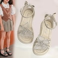 thumbnail image 1 of SGFCWSX Girls Casual Sandals Kids Rhinestone Flower Decor Ankle Strap Bow Wedge Open Toe Summer Shoes Beige Size 4 Years, 1 of 4