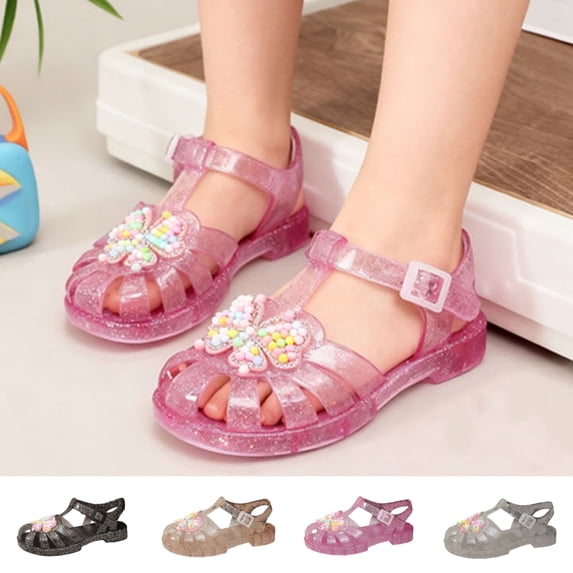 SGFCWSX Girls Closed Toe Sandals Jelly Glitter Butterfly Accent Adjustable Buckle Strap Flat Non-Slip Sole Summer Beach Casual Shoes Hot Pink Size 9.5 Toddler