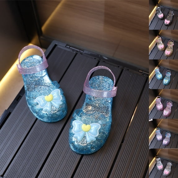 SGFCWSX Girls Closed Toe Sandals Kids Jelly Glitter Bow Ankle Strap Summer Fashion Shoes Light Blue Size 12.5 Little Kids