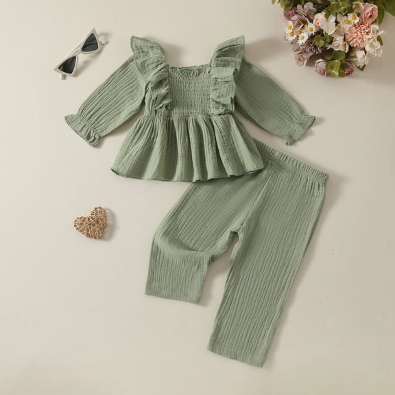 SGFCWSX Girls Clothes Outfits Fall Toddler 2 Piece Set Ruffled Top and Wide Leg Pants Sets Green Size 2-3T