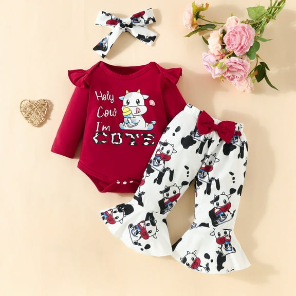 SGFCWSX Girls 3 Piece Set Newborn Winter Outfits Print Onesie Flared Pants and Headband Sets Red Size 9M
