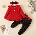 thumbnail image 1 of SGFCWSX Girls Clothing Set Fall Baby 3 Piece Outfit Ruffle Knit Top, Heart Print Pants and Bow Headband Sets Red Size 18 Months, 1 of 9