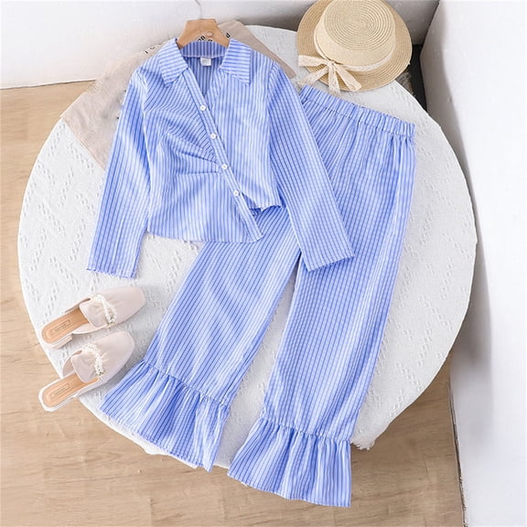 SGFCWSX Girls Clothing Set Fall Kids 2 Piece Outfit Stripe Asymmetric Shirt and Flare Pants Sets Blue Size 9-10Years