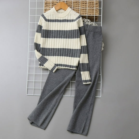 SGFCWSX Girls Clothing Set Fall Kids 2 Piece Outfit Striped Cable Knit Sweater and Knit Flare Pants Sets Gray Size 12 Years