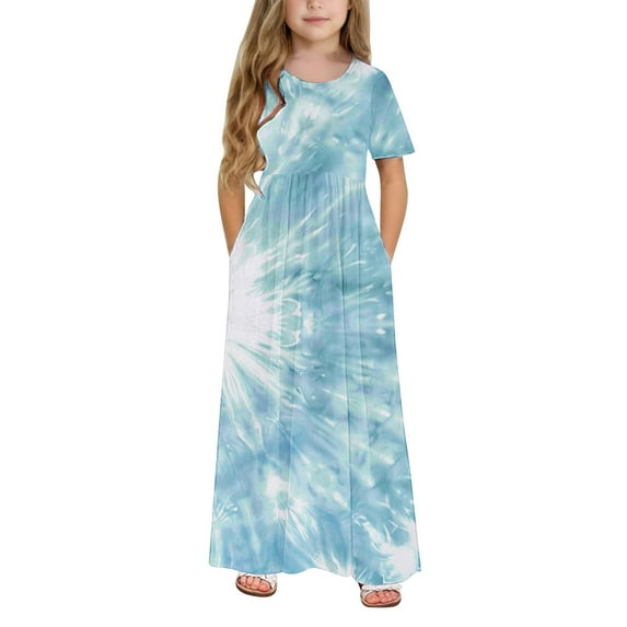 SGFCWSX Girls Cold Shoulder Short Sleeve Maxi Dress Kids Crewneck Summer Tie Dye Print A-Line Dress with Pockets for Casual Wear Blue Size 7-8 Years