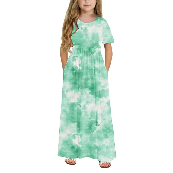 SGFCWSX Girls Cold Shoulder Short Sleeve Maxi Dress Kids Crewneck Tie Dye Print Summer A-Line Dress with Pockets for Casual Wear Green Size 4-5 Years