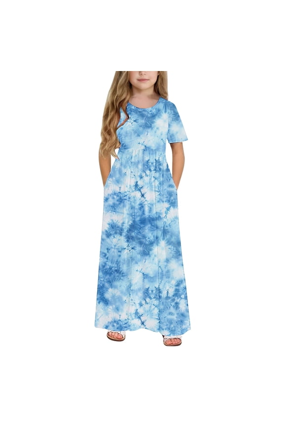 Girls Cold Shoulder Short Sleeve Maxi Dress Kids Summer Tie Dye Print Crewneck A-Line Dress with Pockets for Casual Wear Blue Size 11-12 Years