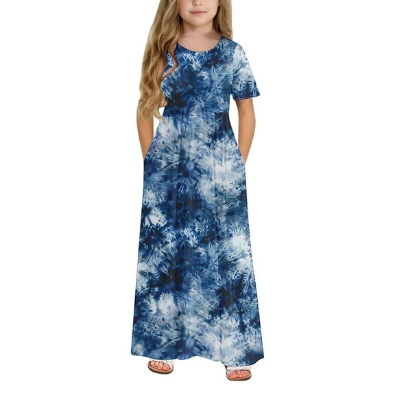 SGFCWSX Girls Cold Shoulder Short Sleeve Maxi Dress Teens Tie Dye Print Crewneck Summer A-Line Dress with Pockets for Casual Wear Blue Size 13-14 Years