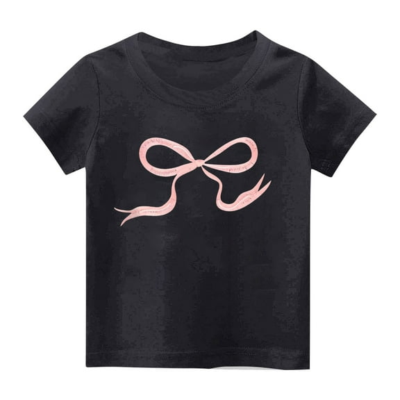 SGFCWSX Girls Crew Neck Short Sleeve T-Shirt, Kids Bow Graphic Print Soft Cotton Tees Casual Everyday Outfit Black Size 2-3 Years
