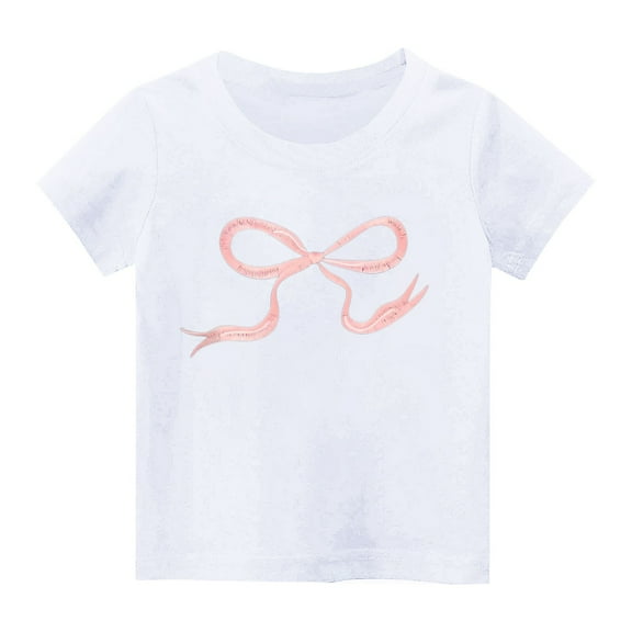 SGFCWSX Girls Crew Neck Short Sleeve T-Shirt, Kids Cotton Soft Bow Graphic Print Tees Casual Everyday Outfit White Size 4-5 Years
