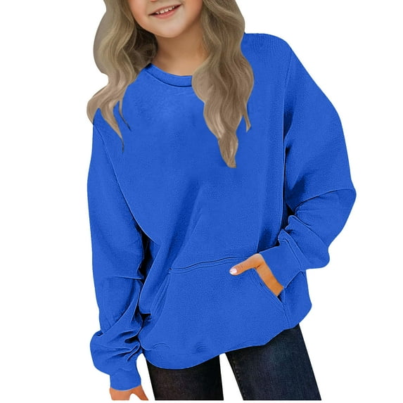 SGFCWSX Girls Crew Neck Sweatshirt Oversized Casual Pullover Top Kids Solid Color with Pockets Sweatshirts Blue Size 5-6 Years