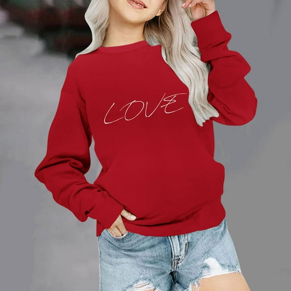 SGFCWSX Girls Crew Neck Sweatshirt Print Fleece Pullover Top Kids Casual Long Sleeve Sweatshirts Red Size 7 Years
