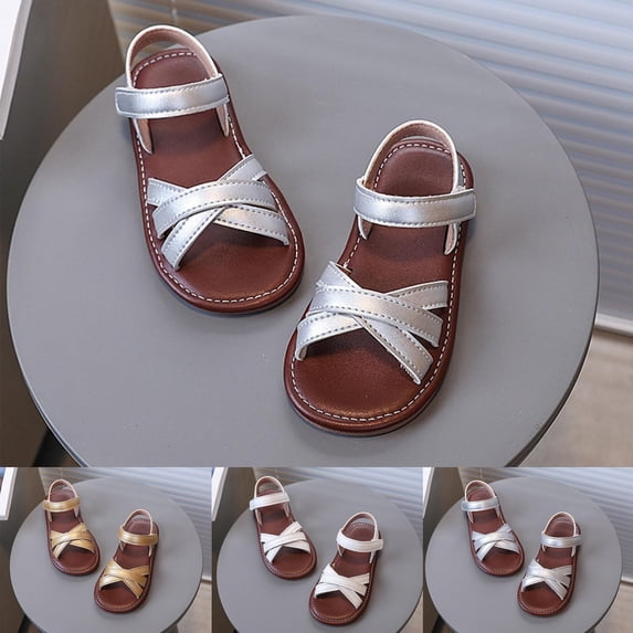 SGFCWSX Girls Crisscross Sandals Kids Ankle Strap Hook and Loop Summer Fashion Shoes Silver Size 3 Years