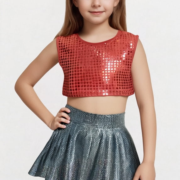 SGFCWSX Girls Crop Tops Glitter Sleeveless Casual Party Performance Top Red Size 11 Years