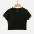 thumbnail image 1 of SGFCWSX Girls Cropped Short Sleeve T-Shirt, Teens Crew Neck Slim Fit Casual Ribbed Tops for Summer Black Size 16-17Years, 1 of 5