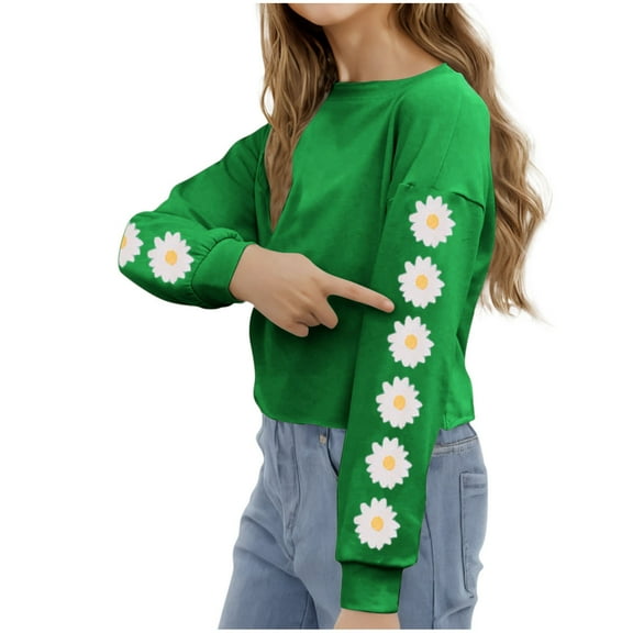 SGFCWSX Girls Cropped Sweatshirt Fleece Long Sleeve Pullover Top Kids Floral Print Crew Neck Sweatshirts Green Size 10 Years