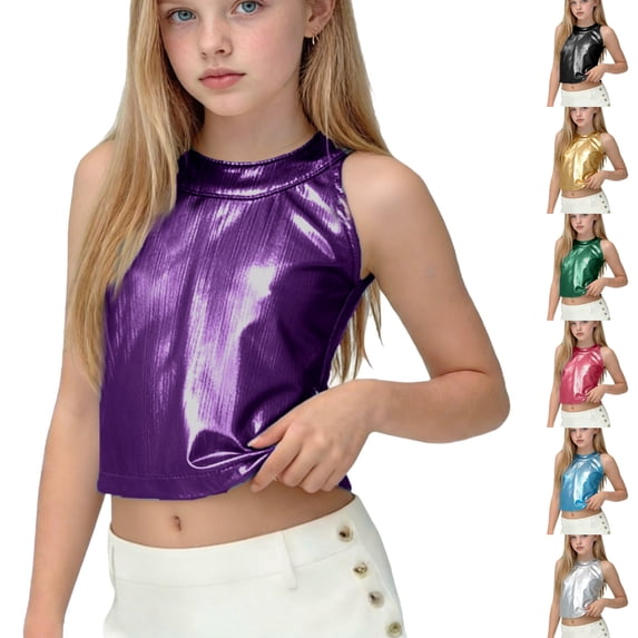 SGFCWSX Girls Cropped Tank Tops Kids Metallic Halter Neck Sleeveless Party Top Purple Size 5-6Years