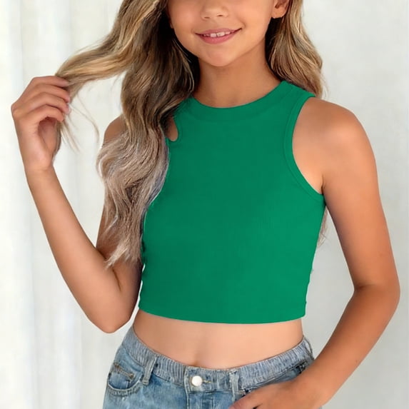 SGFCWSX Girls Cropped Tank Tops Kids Ribbed Cutout Sleeveless Crew Neck Casual Soft Top Green Size 1-2Years