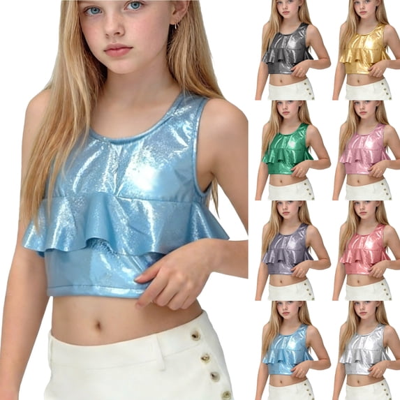 SGFCWSX Girls Cropped Tank Tops Teens Metallic Ruffle Hem Sleeveless Casual Top Sky Blue Size 13-14Years