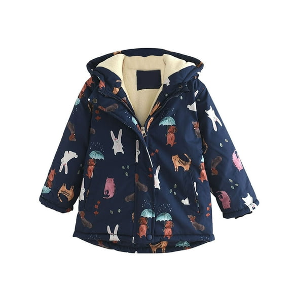 SGFCWSX Girls Cute Print Hooded Jacket Kids Fleece Lined Warm Winter Coat Navy Size 7-8 Years