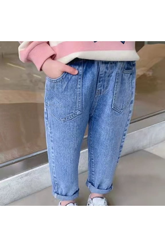Girls Denim Pants Elastic Tapered Leg Jeans Thin Casual with Pockets Pant Blue Size 3 Years