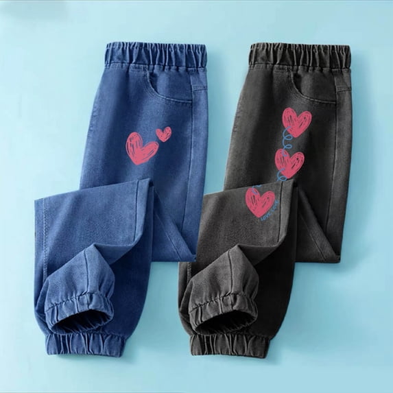 SGFCWSX Girls Denim Pants Elastic Waist Tapered Leg Jeans Casual with Pockets Pant Blue Size 4 Years