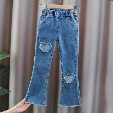 SGFCWSX Girls Denim Pants Flare Stretch Waist Jeggings Jeans with Pockets Casual Pant Blue Size 7 Years
