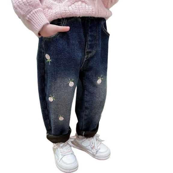 SGFCWSX Girls Denim Pants Tapered Leg Stretch Waist Jeans with Pockets Casual Warm Pant Blue Size 7 Years