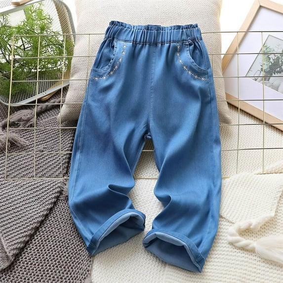 SGFCWSX Girls Denim Pants Wide Leg Stretch Waist Jeans Casual with Pockets Pant Dark Blue Size 15 Years