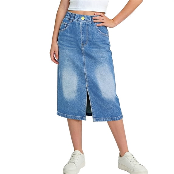 SGFCWSX Girls Denim Skirt Elastic Waist Summer Casual Teens A Line Midi Skirts Split Front with Pockets Daily Wear Blue Size 14-15 Years