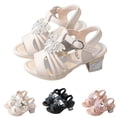 thumbnail image 1 of SGFCWSX Girls Dress Sandals Kids Rhinestone Bow Ankle Strap Low Heel Open Toe Wedding Party Shoes Beige Size 1 Big Kids, 1 of 10